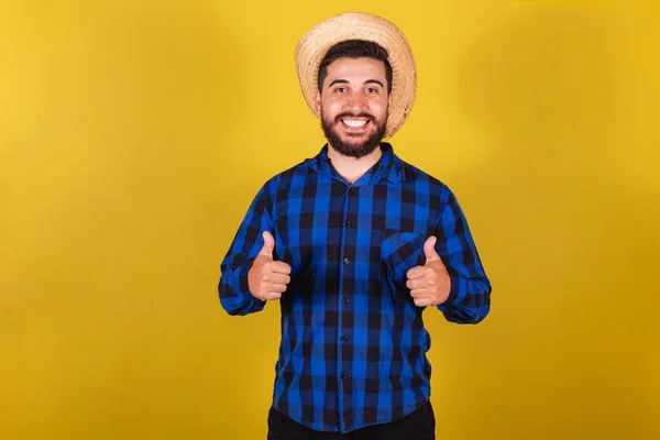 Man Wearing Typical Clothes Festa Junina Thumb Positive Affirmative — Stock Photo, Image