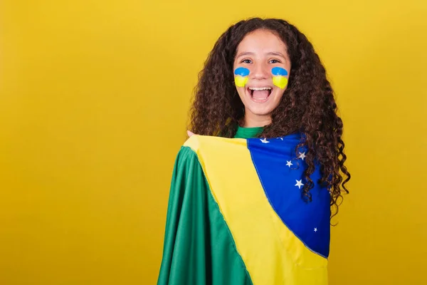 Brasileiro Caucasiano Futebol Menina Sorrindo Feliz Torcendo Festejando — Fotografia de Stock