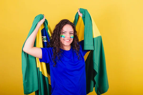 Fußballfan Brasilien Fan Weltmeisterin Mit Fahne Auf Dem Rücken Tanzend — Stockfoto