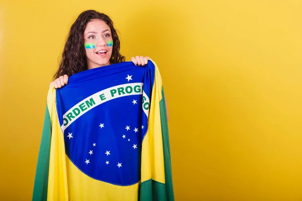 Donna Tifosa Calcio Fan Del Brasile Coppa Del Mondo Con — Foto Stock