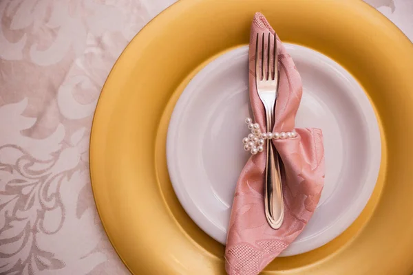 Plate Cutlery Wedding Tissue Napkin Etiquette Decoration Concept Weddings — Stock Photo, Image