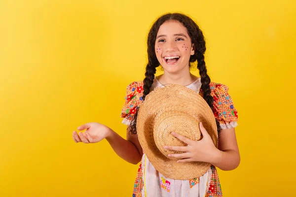 Meisje Met Traditionele Oranje Kleren Voor Festa Junina Groet Glimlachende — Stockfoto