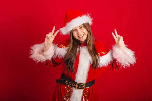 Caucásica Brasileña Vestida Navidad Santa Claus Posición Paz Amor Pose —  Fotos de Stock