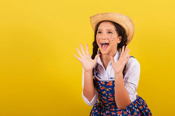 Girl Wearing Typical Clothes Festa Junina Surprised Wow Incredible Unbelievable — Stock Photo, Image