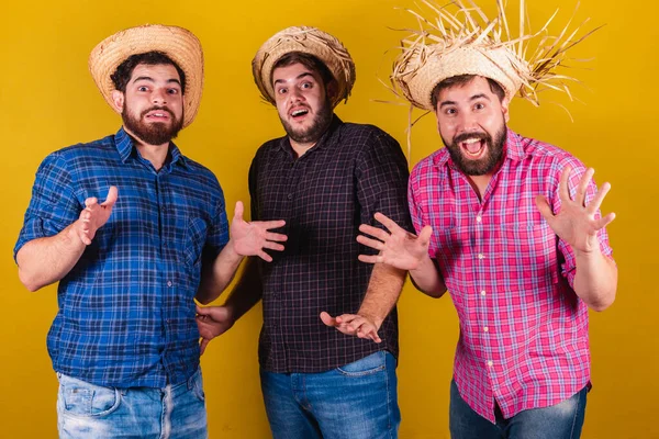 Tres Amigos Vistiendo Ropa Típica Para Festa Junina Sorprendido Sorprendido —  Fotos de Stock