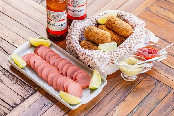 Cambu Chicken Sausage Croquette Typical Brazilian Snack Served Lemon Slices — Stock Photo, Image