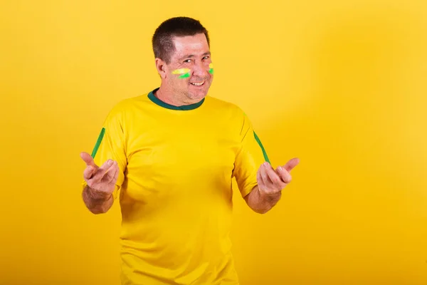 Adult Man Soccer Fan Brazil Calling Hands Come Inviting — Stock Photo, Image