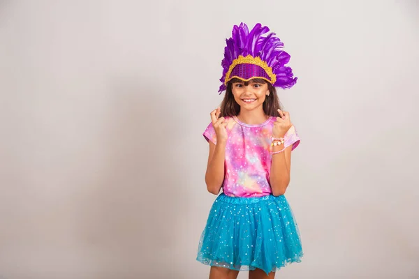 Beautiful Brazilian Girl Child Dressed Carnival Brazil Cheering Hard Wishing — Stock Photo, Image
