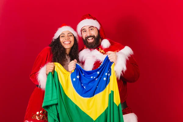 Couple Brésilien Habillé Pour Noël Santa Claude Maman Claude Tenant — Photo