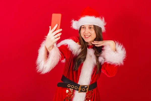 Caucasian Brazilian Woman Christmas Clothes Santa Claus Self Portrait Smartphone — Stock Photo, Image