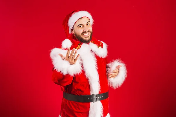 Brazilian Man Dressed Santa Claus Clothes Inviting Hands Come — Stock Photo, Image