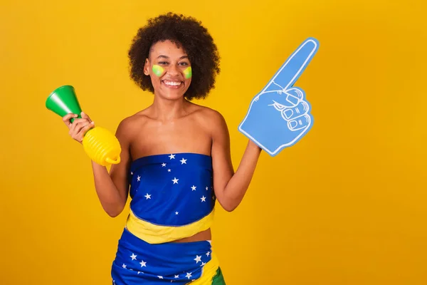 Young Black Woman Brazilian Soccer Fan Horn Foam Finger Cheering — Stock Photo, Image