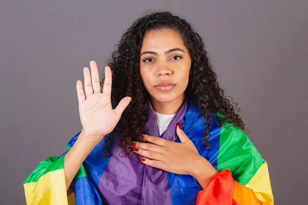 Young Brazilian Black Woman Stop Sign Hand Militancy Lgbt Flag — Stock Photo, Image