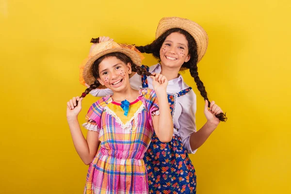 Sisters Friends Wearing Typical Clothes Festa Junina Holding Hair Smiling — Stock Photo, Image