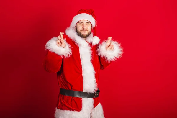 Vit Brasiliansk Man Klädd Julkläder Jultomten Lucky Hejar Vill Mycket — Stockfoto