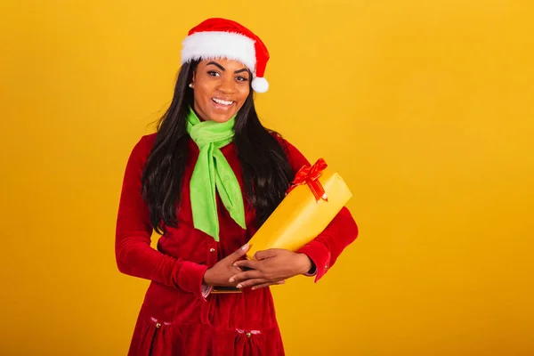 Beautiful Black Brazilian Woman Dressed Christmas Clothes Santa Claus Hugging — Stock Photo, Image