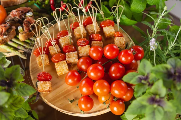 Gourmet Buffet Meals Cherry Tomato Sticks Fried Tapioca Cubes Cheese — Stock Photo, Image