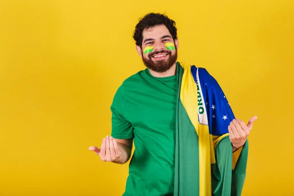 Uomo Caucasico Con Barba Brasiliano Tifoso Brasiliano Chiama Con Mani — Foto Stock