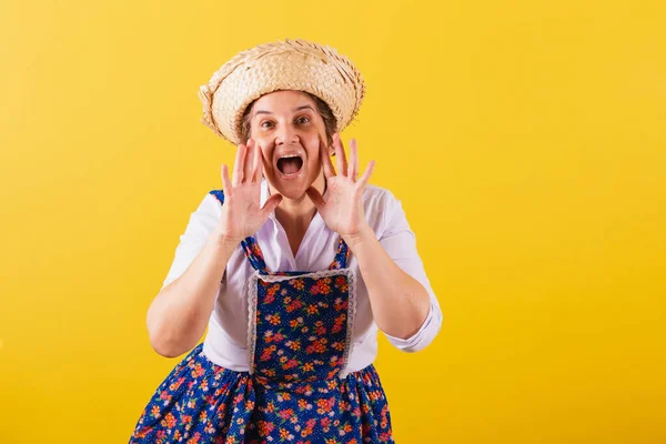 Mature Woman Dressed Typical Festa Junina Clothes Calling Shouting Promotion — Stock Photo, Image