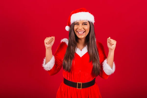Beautiful Brazilian Woman Dressed Christmas Clothes Santa Claus Celebrating — Stock Photo, Image