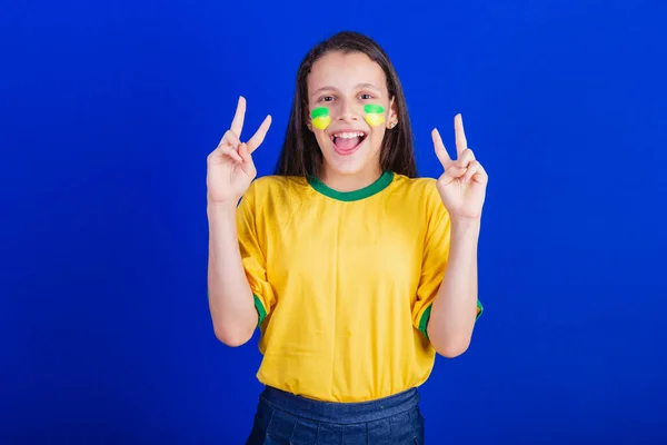 Young Girl Soccer Fan Brazil Sign Peace Love Good Vibrations — Stock Photo, Image