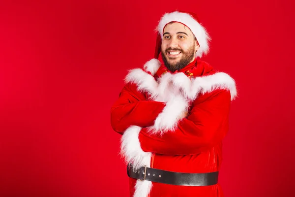 Brazilský Muž Oblečený Santa Claus Oblečení Paže Zkřížené — Stock fotografie