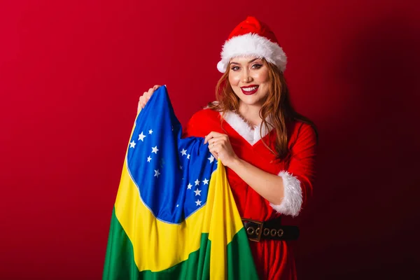 Krásná Brazilská Rusovlasá Žena Oblečená Vánočním Oblečení Santa Claus Držení — Stock fotografie