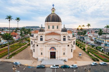 Batatais, So Paulo, Brazil - Circa June 2022: Aerial image of the city of Batatais,Parish Church of the city. clipart