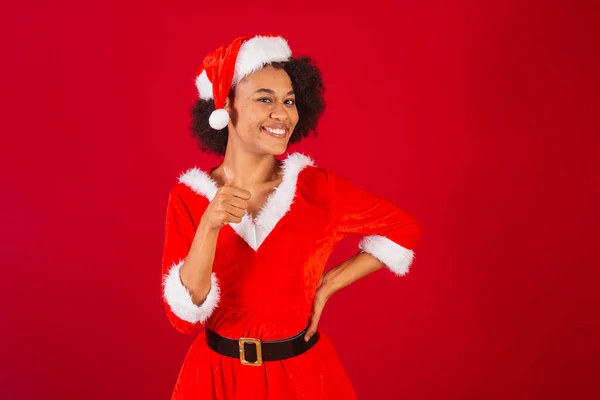 Beautiful Black Brazilian Woman Dressed Santa Claus Mama Claus Finger — Stock Photo, Image