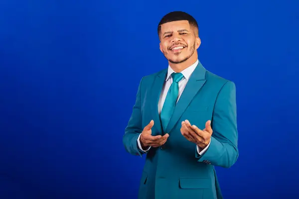 Brazilian Black Man Dressed Suit Blue Tie Business Man Inviting — Stock Photo, Image