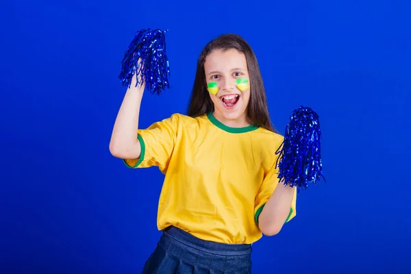 Jong Meisje Voetbalfan Uit Brazilië Met Cheerleader Pompom — Stockfoto