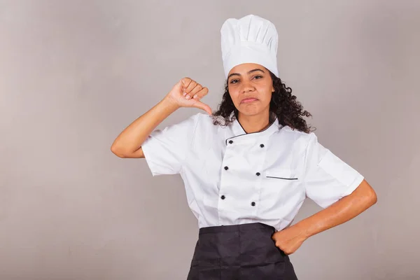 Jeune Femme Brésilienne Noire Cuisinière Chef Cuisinier Aime Pas Signe — Photo