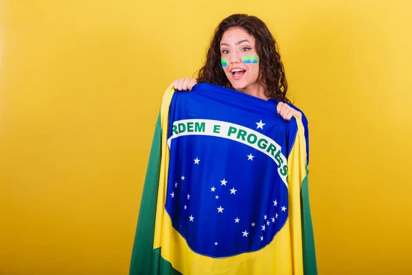 Fußballfan Brasilien Fan Fan Flagge Haltend Und Ordnung Und Fortschritt — Stockfoto