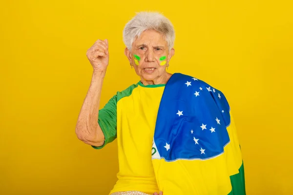 Elderly Woman Soccer Fan Brazil Cheering Flag — Stock Photo, Image