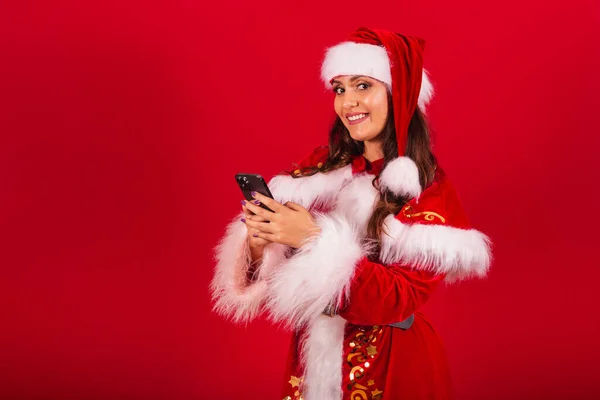 Brazilian Woman Dressed Christmas Clothes Santa Claus Holding Smartphone Typing — Stock Photo, Image