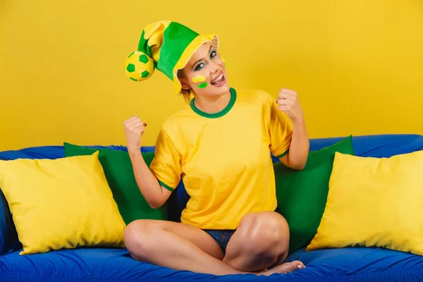Caucasian Woman Redhead Brazil Soccer Supporter Brazil Couch Celebrating — стокове фото