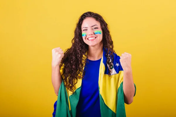 Fußballfan Frau Brasilien Fan Geschlossene Fäuste Jubel Torjubel — Stockfoto