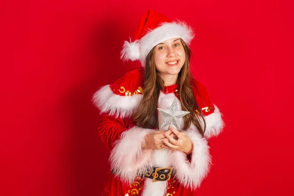 Caucasiana Brasileira Vestida Natal Papai Noel Segurando Estrela Natal — Fotografia de Stock