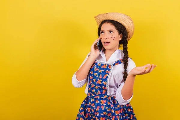 Girl Wearing Typical Clothes Festa Junina Mobile Voice Call Connected — Stock Photo, Image