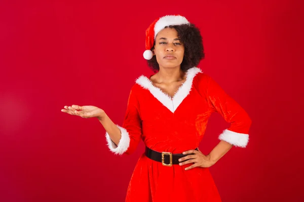 Beautiful Black Brazilian Woman Dressed Santa Claus Mama Claus Doubt — Stock Photo, Image