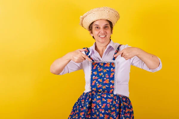 Mature Woman Dressed Typical Festa Junina Clothes Inviting Sign Here — Stock Photo, Image