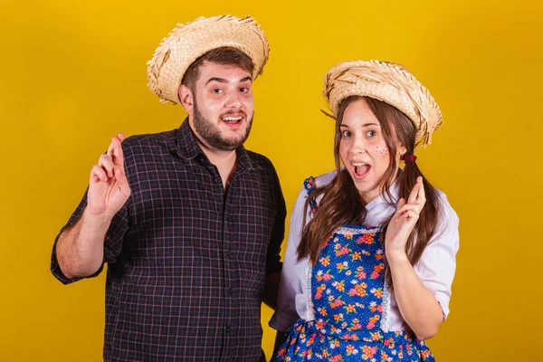 Beautiful Couple Wearing Typical Clothes Festa Junina Fingers Crossed Twisting — Stock Photo, Image