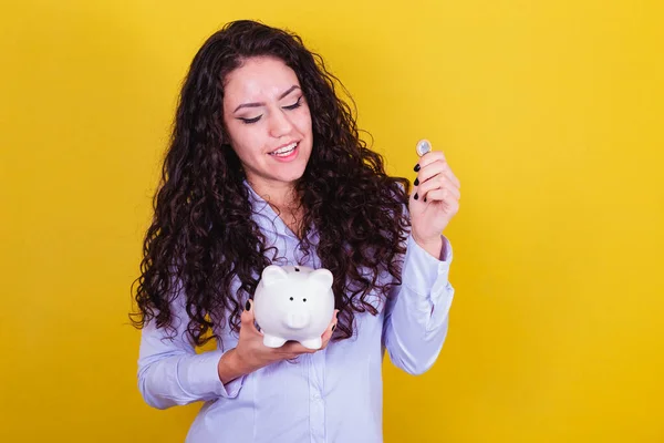 Caucasian Brazilian Woman Holding Coin Piggy Bank Concept Finance Economy — Stock Photo, Image