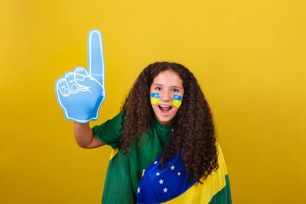 Brazilian Caucasian Football Fan Girl Foam Hand Screaming Goal Cheering — Stock Photo, Image