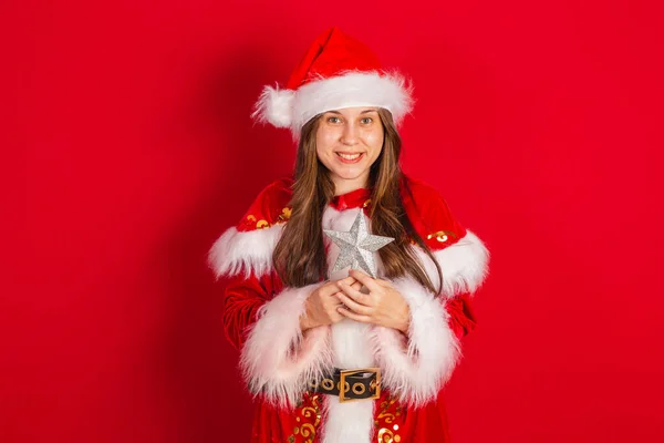 Caucasian Brazilian Woman Christmas Clothes Santa Claus Holding Christmas Star — Stock Photo, Image