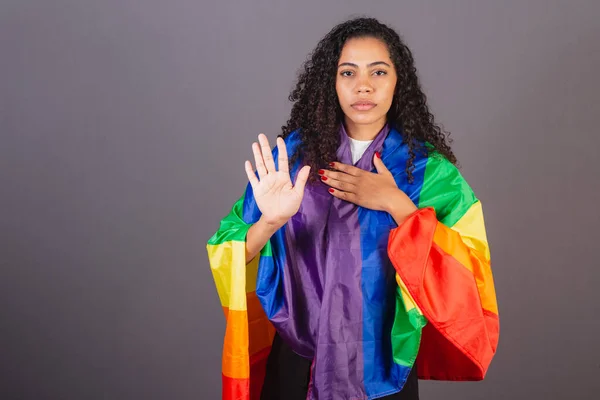Young Brazilian Black Woman Stop Sign Hand Militancy Lgbt Flag — Stock Photo, Image