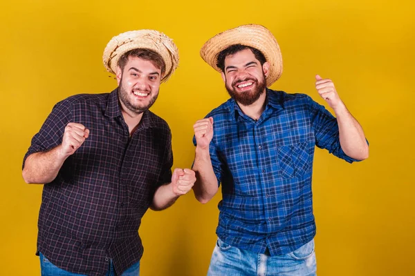 Two Friends Wearing Typical Clothes Festa Junina Dancing — Stock Photo, Image