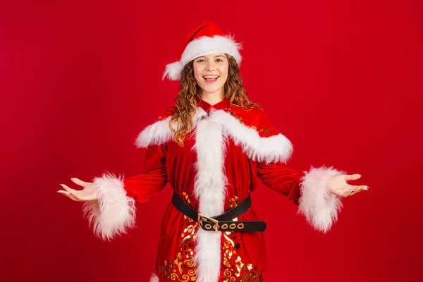 Brezilyalı Kafkasyalı Noel Kıyafetleri Giymiş Noel Baba Hoş Geldiniz Ellerimle — Stok fotoğraf