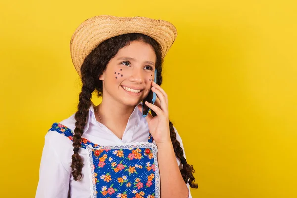Girl Wearing Typical Clothes Festa Junina Voice Call Cell Phone — Stock Photo, Image