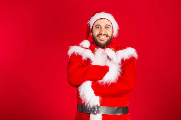 Brazilian Man Dressed Santa Claus Clothes Arms Crossed — Stock Photo, Image